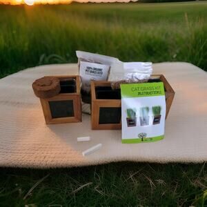The Cat Ladies - Organic Cat Grass Growing Kit with a rustic wooden planter